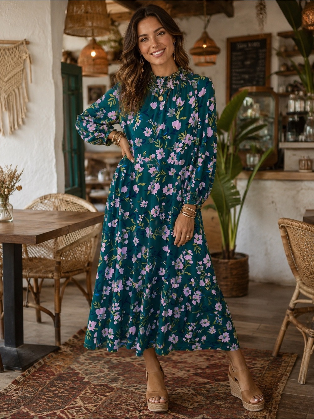 Teal Floral Long Sleeve Smocked Neck Maxi Dress